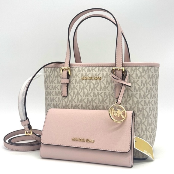Michael Kors Jet Set Travel Top-Zip Tote Bag & Trifold Wallet Powder Blush Set - Picture 1 of 11